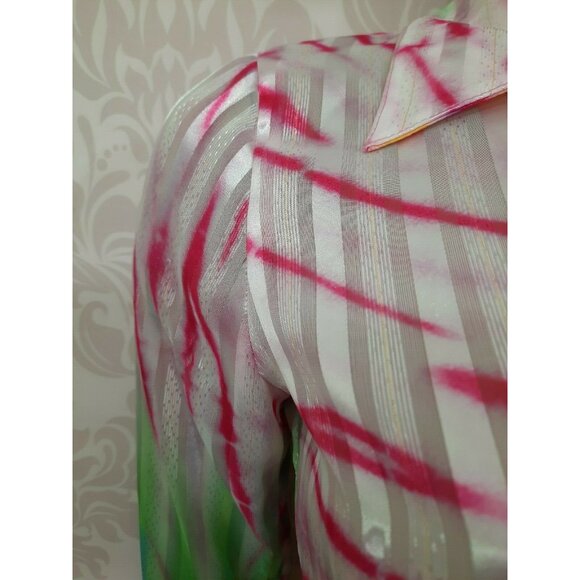 Vintage 90s Tie Dye Print Sheer Shimmery Blouse Size S White Button Front - Picture 7 of 12